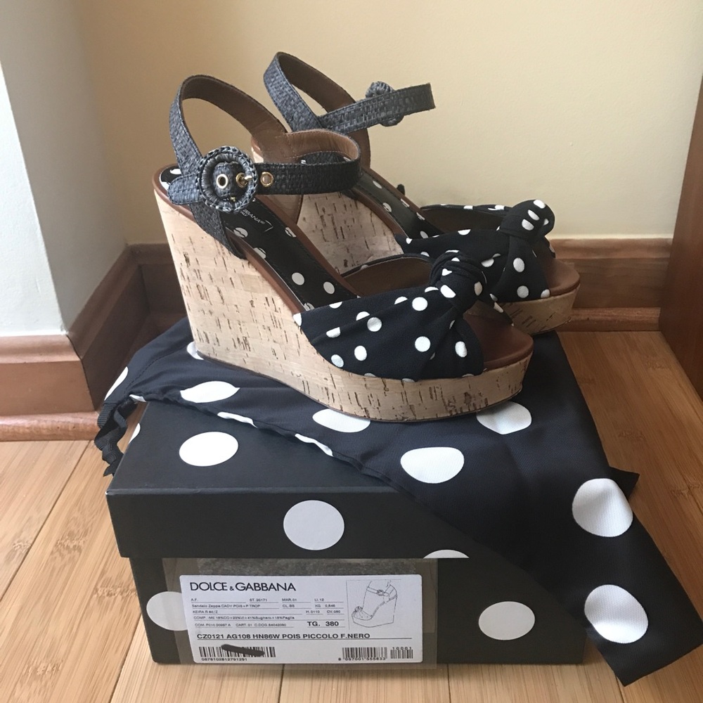Dolce Gabbana Cork Wedge Sandals Polka Dot Size EU 38/ US 8